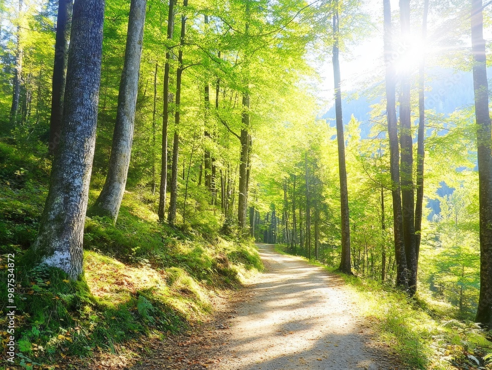A peaceful autumn pathway lined with vibrant golden leaves under a clear blue sky A peaceful autumn pathway lined with vibrant golden leaves under a clear blue sky