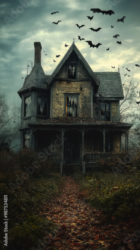 Creepy Abandoned Haunted House with Flying Bats in Dark Overgrown Setting, Eerie Atmosphere for Halloween or Horror Themes