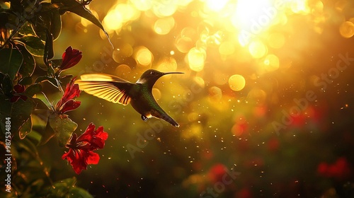   Hummingbird flying in front of a red-flowered bush under the sun