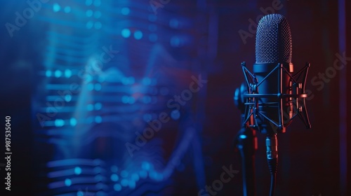 Professional studio photo with dark blue backdrop, microphone, and audio waveforms for broadcasting photo