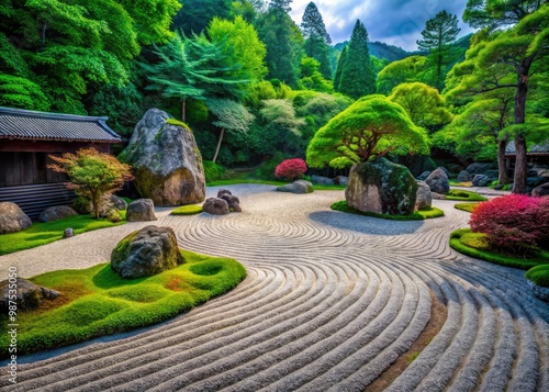 Experience peaceful reflection in a tranquil Japanese Zen garden, where raked sand and strategically placed stones harmonize with lush greenery to promote inner calm.