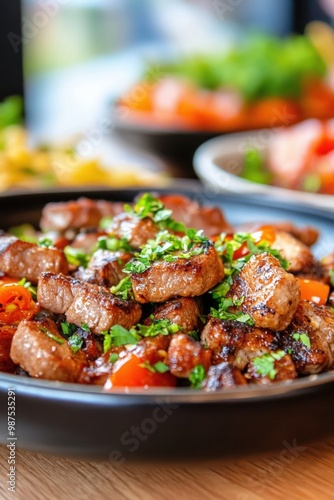 Delicious stir-fried pork with vegetables garnished with scallions served on a black plate