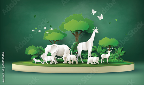 White Wildlife on Circular Platform in Green Forest Scene