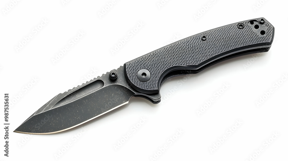 A stylish black folding knife on a white isolated background. A stylish black folding knife on a white isolated background.
