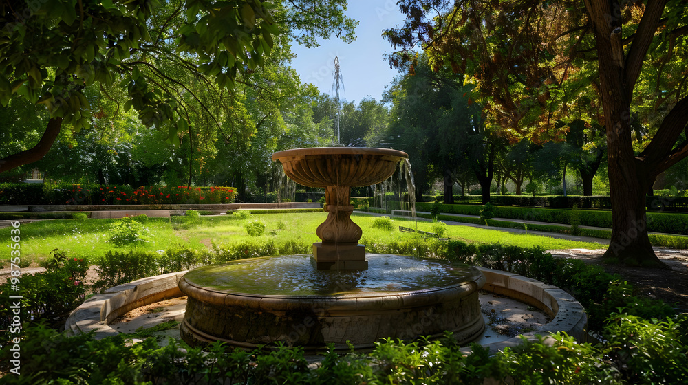 Serene Garden Fountain with Lush Greenery