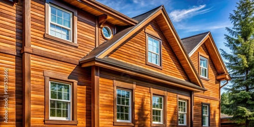 Exterior wooden siding adorns a residential house, complemented by intricate architectural trim and windows that provide character and elegance to the overall design.