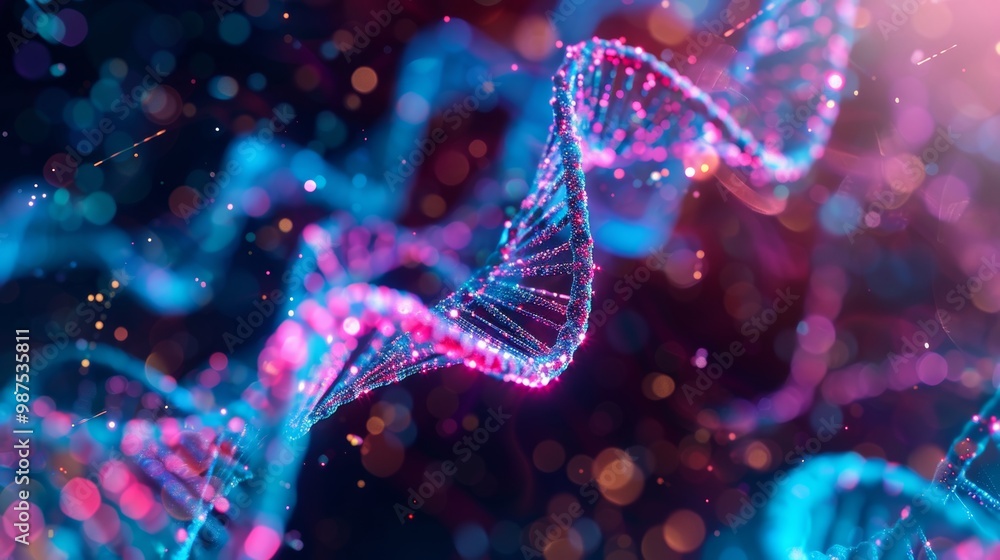 Intricate digital dna strands with glowing nodes representing genetic biomarkers in vivid colors Intricate digital dna strands with glowing nodes representing genetic biomarkers in vivid colors
