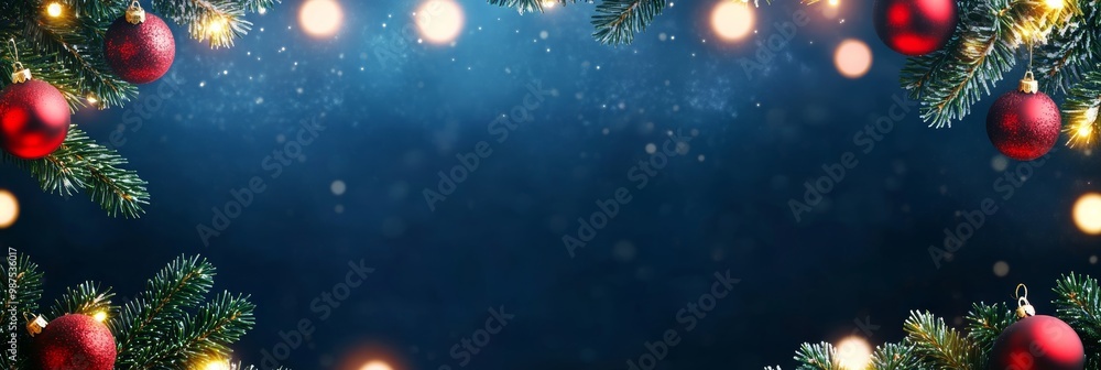 Christmas baubles balls and pine branches. Horizontal banner web poster, header for website minimal design with gift box Christmas baubles balls and pine branches. Horizontal banner web poster, header for website minimal design with gift box