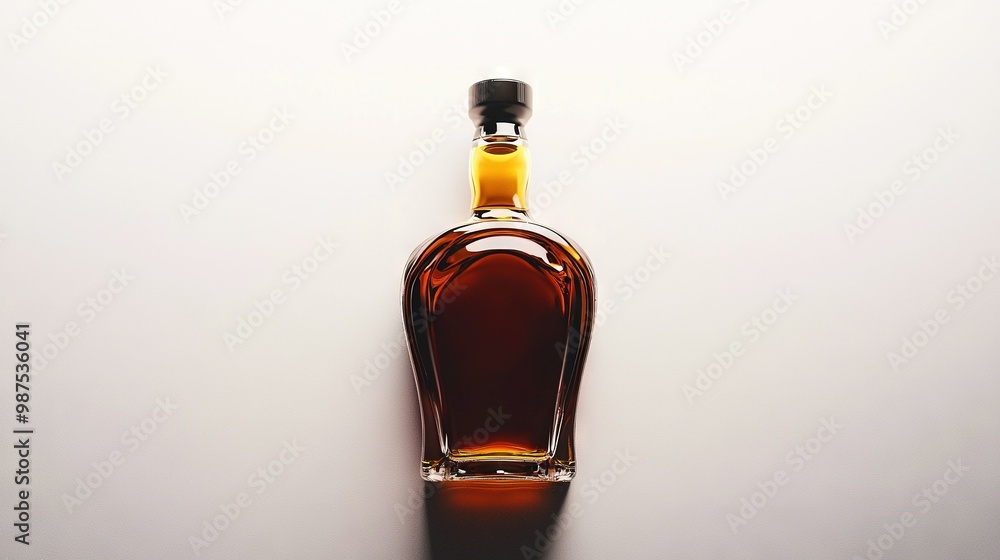 A bottle of liquor sits atop a white table, adjacent to the silhouette of a person's head A bottle of liquor sits atop a white table, adjacent to the silhouette of a person's head