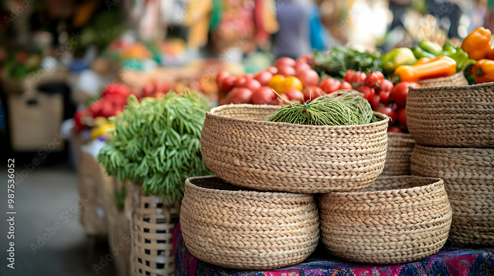 Fototapeta premium Colorful market scene with woven baskets filled with fresh vegetables and fruits, showcasing vibrant colors and textures.