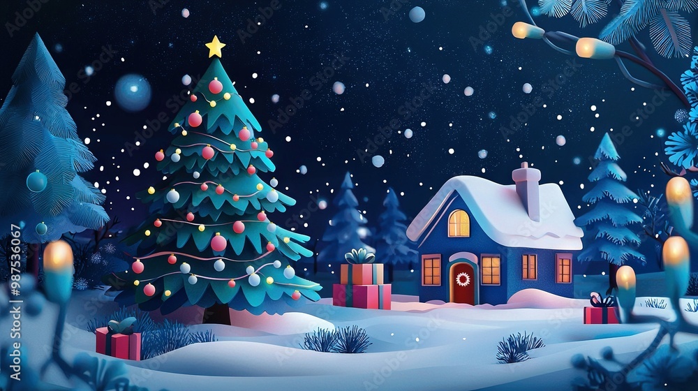 A Christmas tree painting, with a glowing tree in the foreground and a well-lit tree in the background of a house A Christmas tree painting, with a glowing tree in the foreground and a well-lit tree in the background of a house