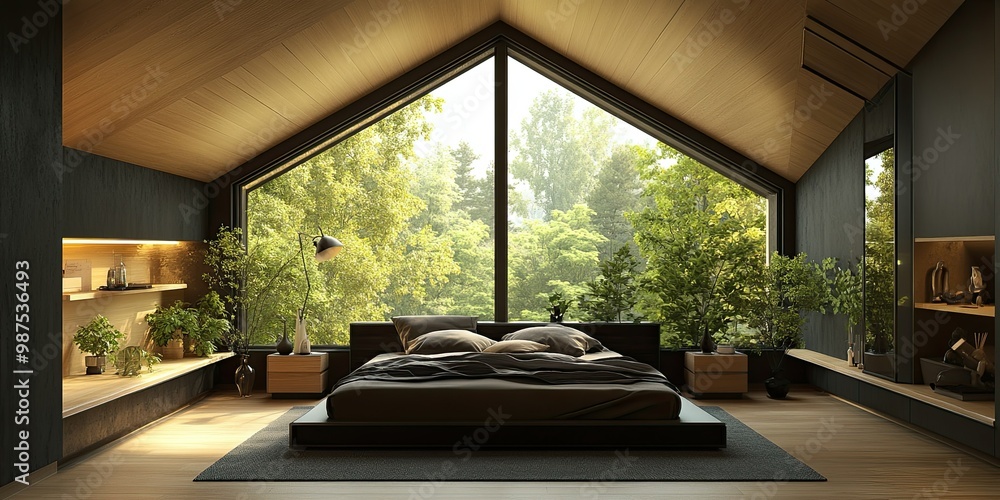modern black attic bedroom with elegant sloping wooden walls ...