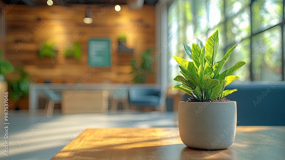 Potted Plant on a Wooden Table in a Modern Office Setting Potted Plant on a Wooden Table in a Modern Office Setting