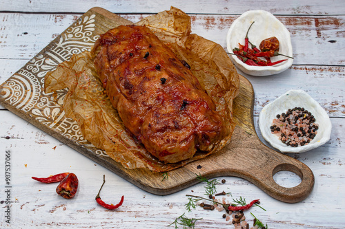 Seitan roast flavored with spices, glazed and served on wooden board photo