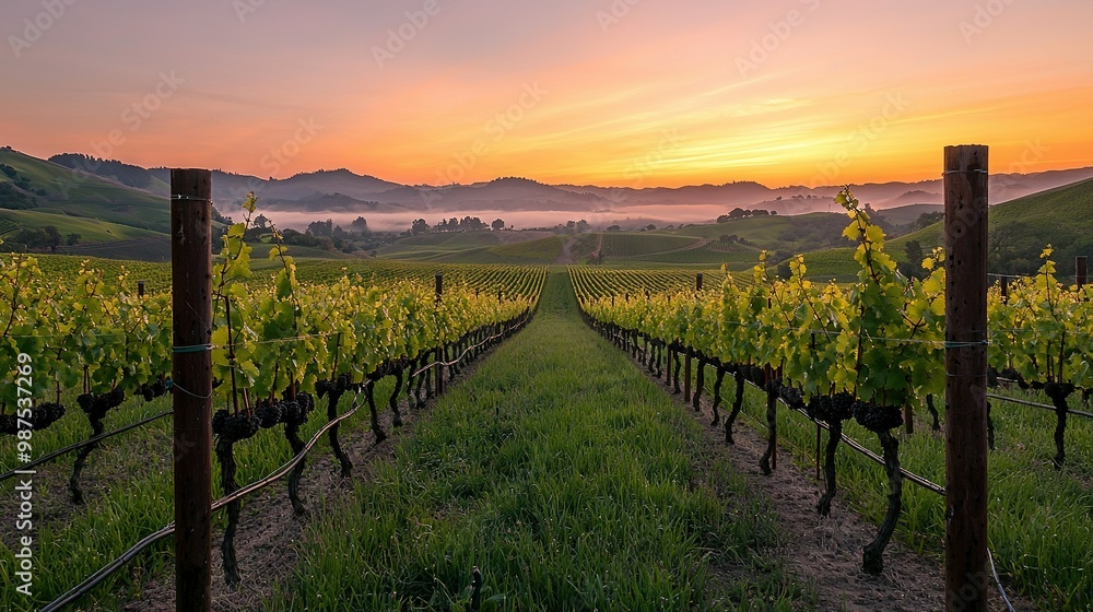 Obraz premium Sun sets over vines in the foreground while distant mountains loom through fog