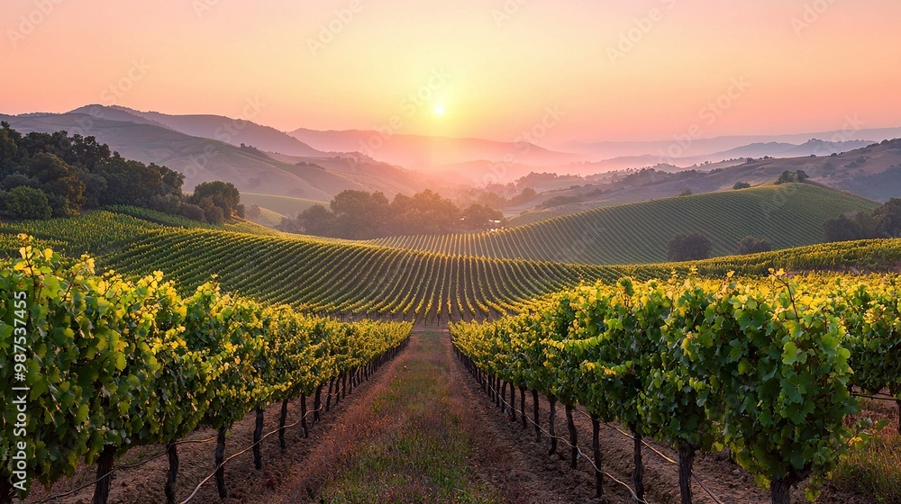 Fototapeta premium The sun sets over a vineyard in Napa Valley