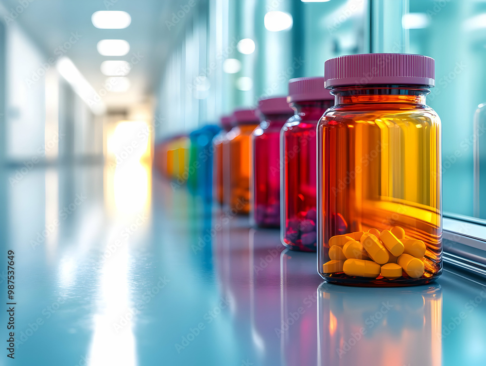 Colorful jars of vitamins and supplements arranged neatly in a pharmacy setting, bright and inviting atmosphere. Colorful jars of vitamins and supplements arranged neatly in a pharmacy setting, bright and inviting atmosphere.