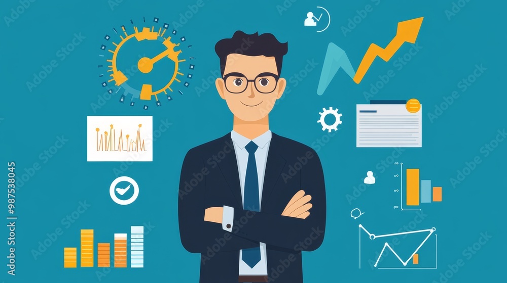 Businessman Confidently Looking at Growth Charts and Data Businessman Confidently Looking at Growth Charts and Data
