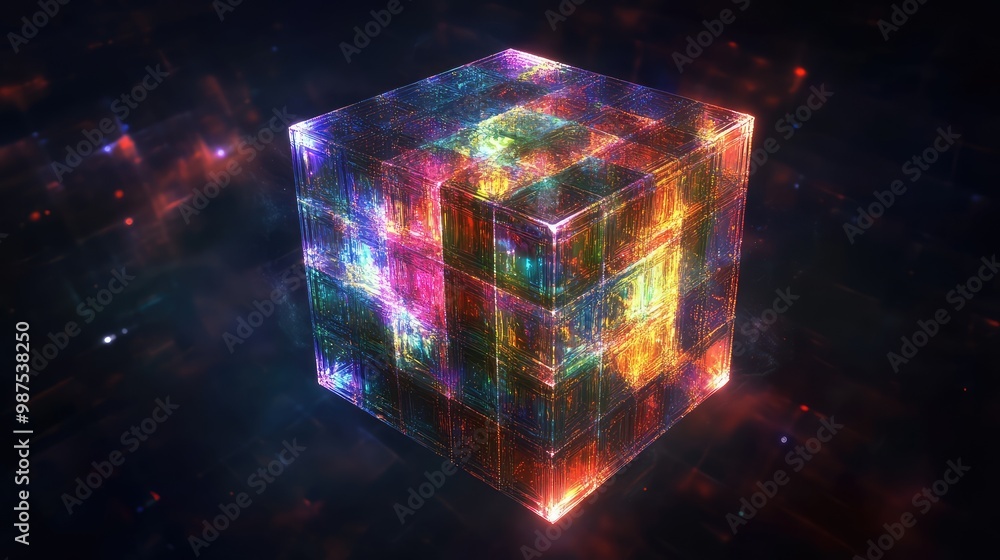 A glowing 3D cube with inner layers of complex, shifting patterns of light and shadow, hovering in space. A glowing 3D cube with inner layers of complex, shifting patterns of light and shadow, hovering in space.