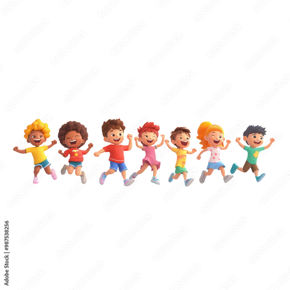 A vibrant group of diverse children joyfully running together, showcasing friendship and playfulness in a colorful scene. on transparent cutout, PNG file. A vibrant group of diverse children joyfully running together, showcasing friendship and playfulness in a colorful scene. on transparent cutout, PNG file.