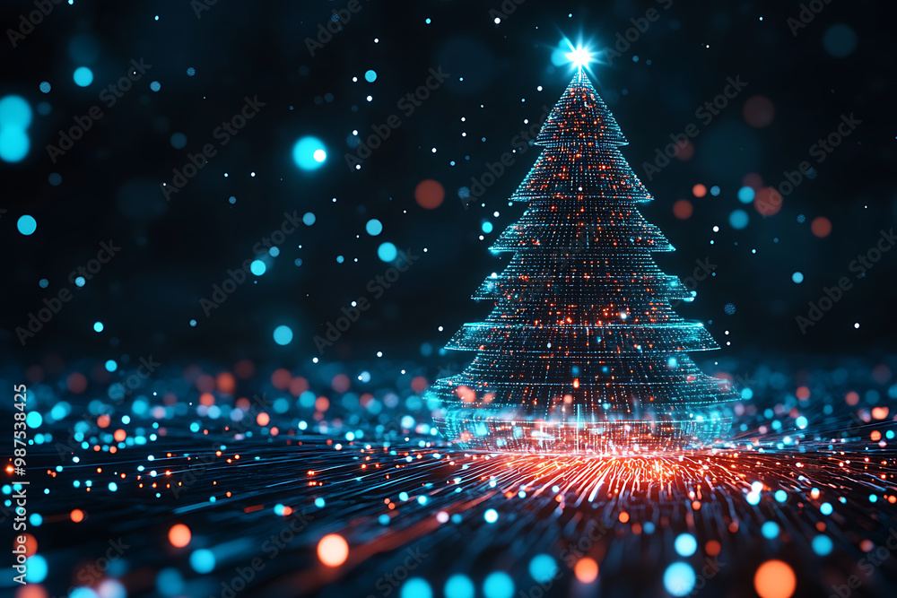 An abstract digital background featuring a Christmas tree intertwined with modern data connections, blending holiday tradition with futuristic technology An abstract digital background featuring a Christmas tree intertwined with modern data connections, blending holiday tradition with futuristic technology