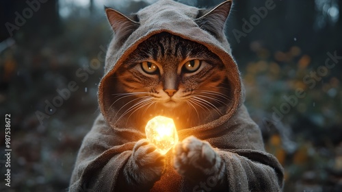 Enchanting wizard cat wearing a robe and cloak holding a captivating glowing crystal in its mystical paw creating an atmosphere of magic mystery and the supernatural photo