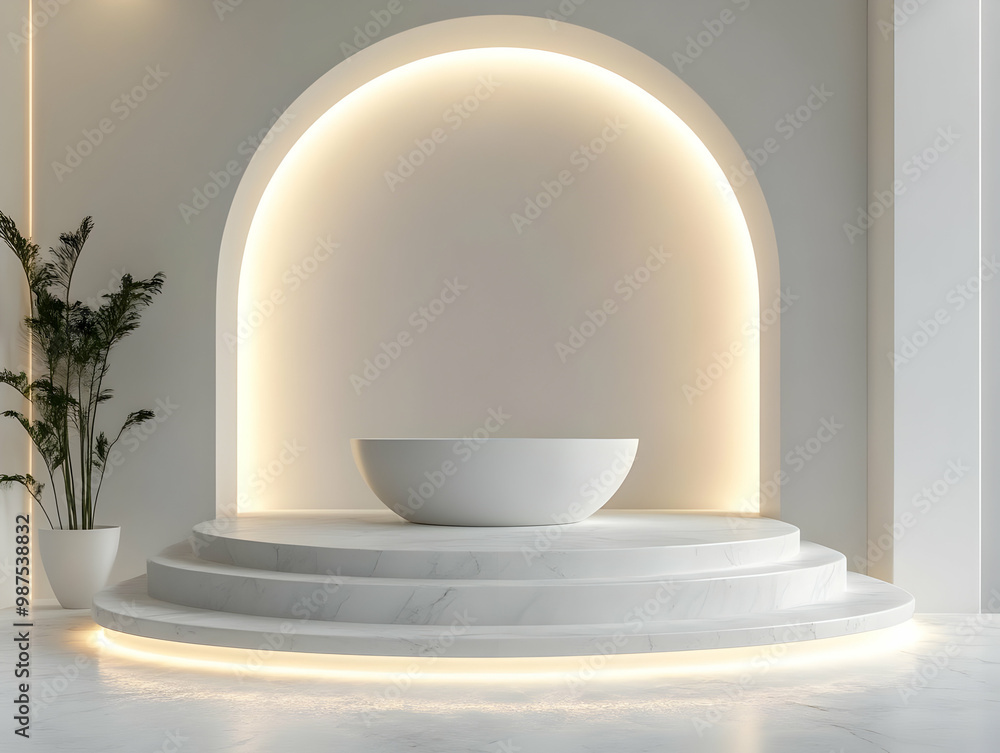 Modern minimalist interior with a white bowl and soft lighting creating a serene atmosphere. Modern minimalist interior with a white bowl and soft lighting creating a serene atmosphere.