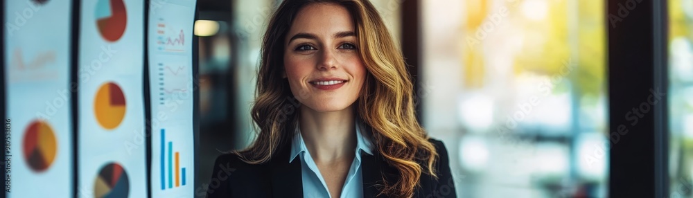 Confident Businesswoman Looking at Charts and Graphs Confident Businesswoman Looking at Charts and Graphs