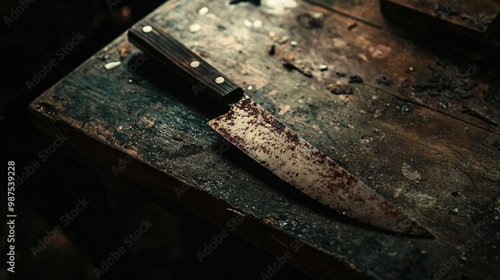 A knife and knife sharpener sit atop wooden tables A knife and knife sharpener sit atop wooden tables