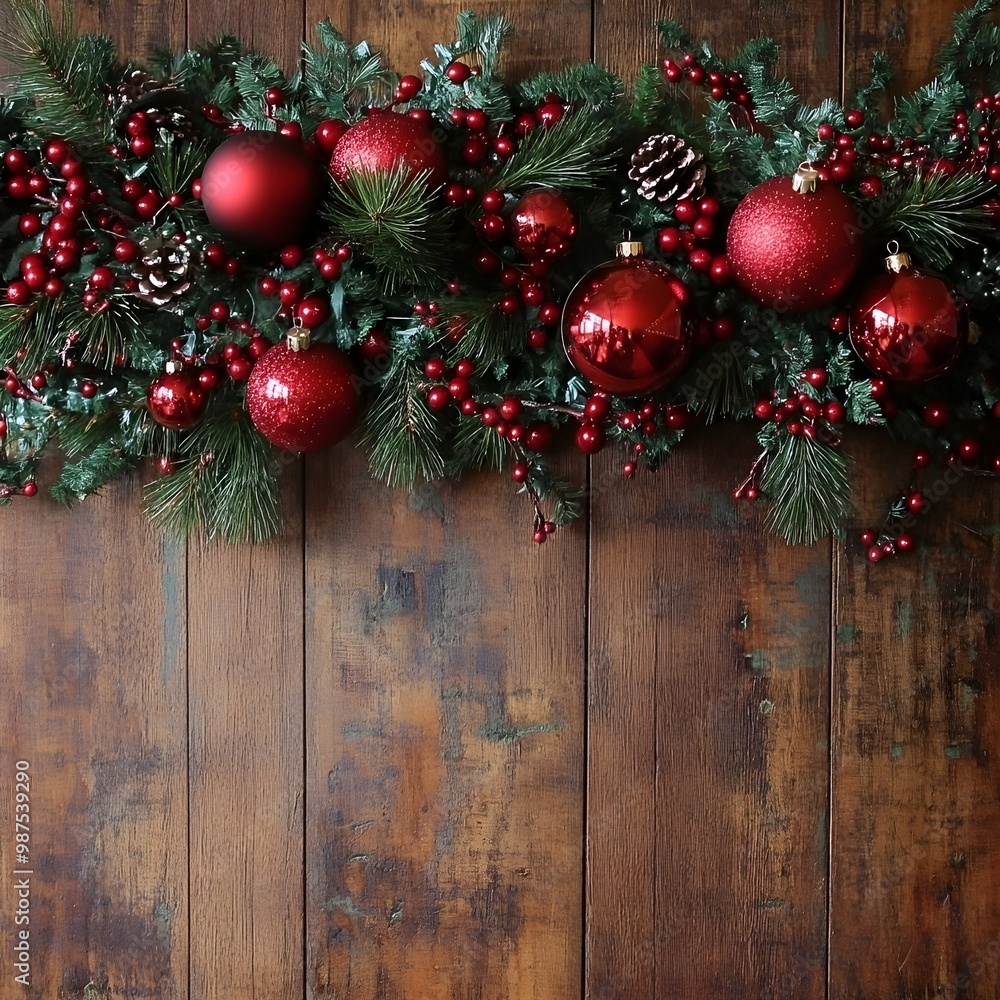 Festive Christmas backdrop featuring a rustic wooden surface adorned with a variety of classic holiday in a red and green color scheme including ornaments pine branches berries and pinecones Festive Christmas backdrop featuring a rustic wooden surface adorned with a variety of classic holiday in a red and green color scheme including ornaments pine branches berries and pinecones