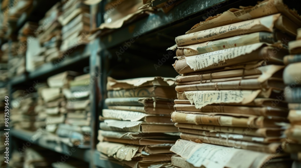 A towering stack of old, worn paper documents