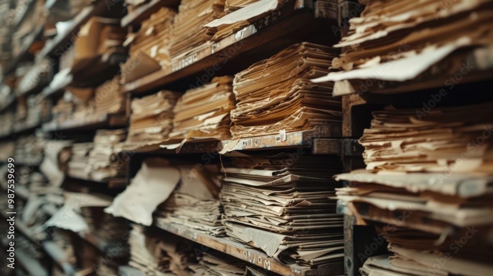 Fototapeta premium A towering stack of old, worn paper documents