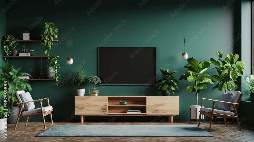 Living room with cabinet for tv on dark green color wall background.3d rendering Living room with cabinet for tv on dark green color wall background.3d rendering