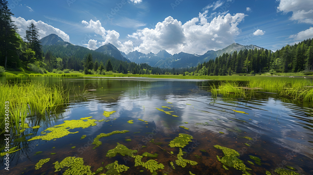 Fototapeta premium Serene Mountain Lake with Lush Forest and Clear Reflections