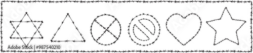 Barb wire shapes, border and pattern texture design vector graphic. Basic geometric shapes collection vector set. Brush and stroke vector design. 