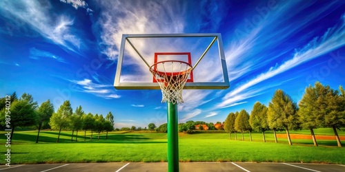 In a sunny community park, a bright basketball hoop contrasts beautifully against the clear blue sky, sitting amidst rich green grass, ready for joyful games.