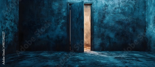 A dimly lit room shrouded in mystery and shadows with a single cracked door offering a glimmer of light and a possible escape from the sorrow and confinement within photo