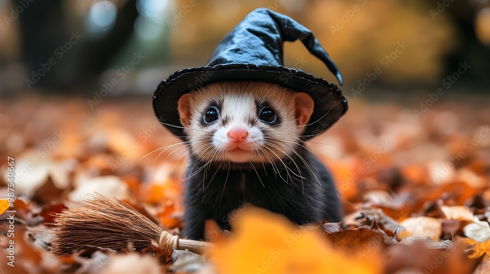Adorable ferret dressed as a witch wearing a pointy black hat and carrying a tiny broom sitting amidst fallen autumn leaves in a natural forest setting Adorable ferret dressed as a witch wearing a pointy black hat and carrying a tiny broom sitting amidst fallen autumn leaves in a natural forest setting
