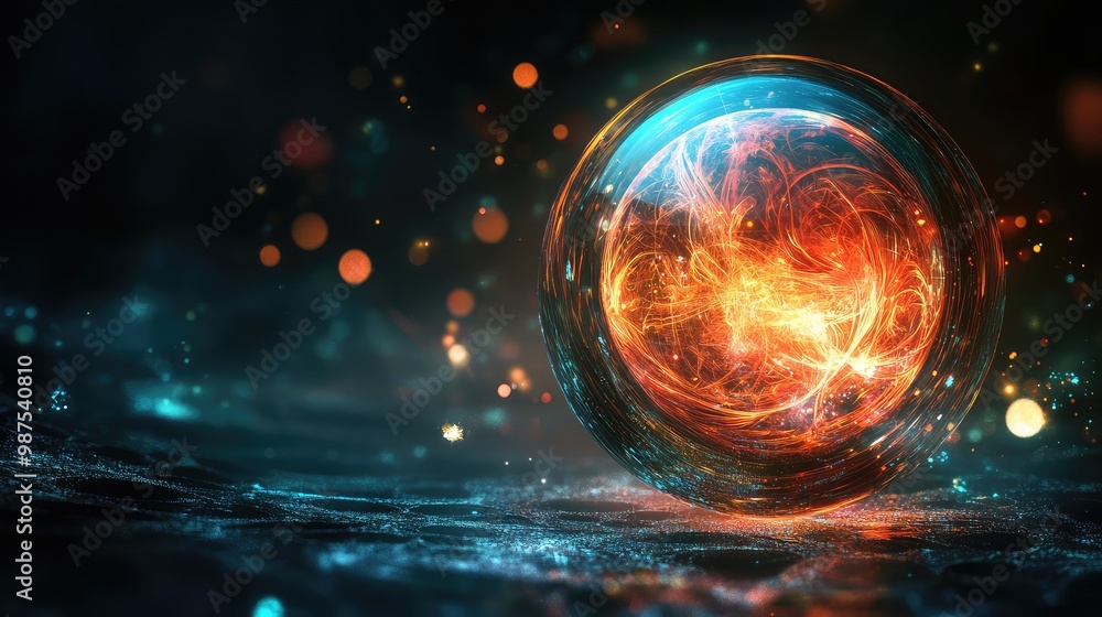Obraz premium A glowing 3D sphere with inner layers of abstract, crystalline patterns, softly illuminating the dark void.
