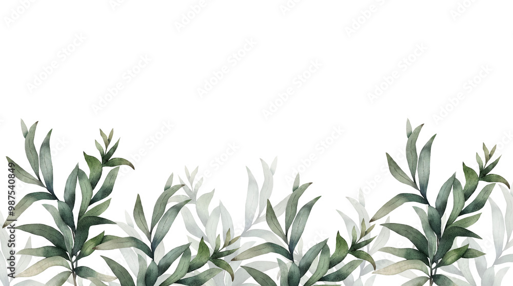 Fototapeta premium Border with green leaves and branches, illustration watercolor
