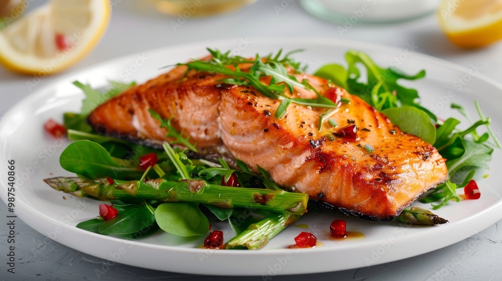 Delicious baked salmon with fresh green salad and asparagus a healthy seafood delight Delicious baked salmon with fresh green salad and asparagus a healthy seafood delight