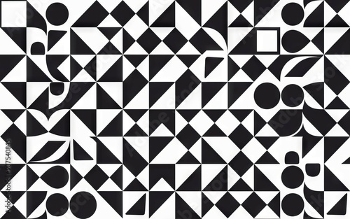 Geometric black white pattern. Abstract pattern of triangles and circles on a white background, with a hint of optical illusion. photo