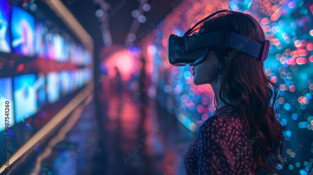 Woman in a VR glasses on digital background. Woman in a VR glasses on digital background.