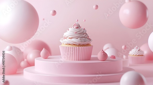 A whimsical pink-themed cupcake surrounded by floating spheres, creating a delightful and festive atmosphere.