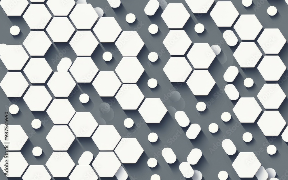 Naklejka premium Hexagon pattern background. Abstract geometric background with a modern design, featuring white hexagons and circles on a dark grey backdrop.
