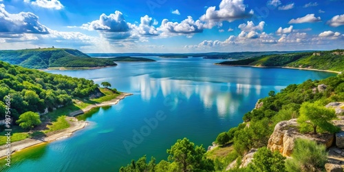 Lake Travis boasts stunning vistas of shimmering blue waters, framed by verdant landscapes, perfectly showcasing Texasâ€™s natural beauty and tranquil charm. photo