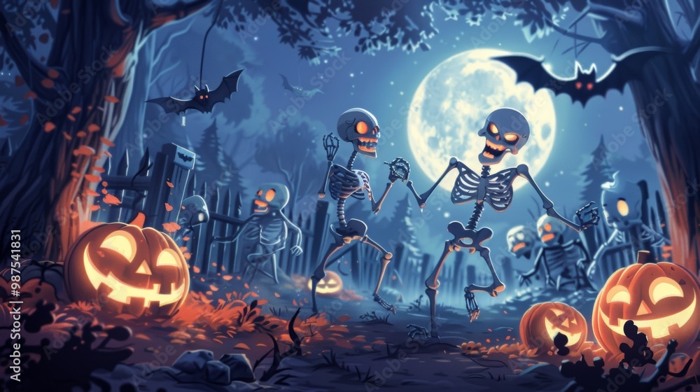 Spooky Halloween scene with skeletons and pumpkins Spooky Halloween scene with skeletons and pumpkins
