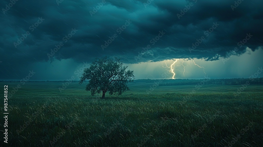 Fototapeta premium A tree in a field, lit by a lightning bolt above, with grass in the foreground