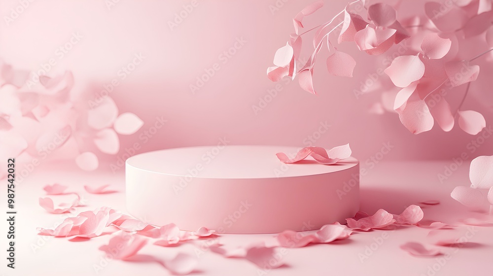 A soft pink backdrop features a circular display platform adorned with delicate petals, creating a serene and inviting atmosphere. A soft pink backdrop features a circular display platform adorned with delicate petals, creating a serene and inviting atmosphere.