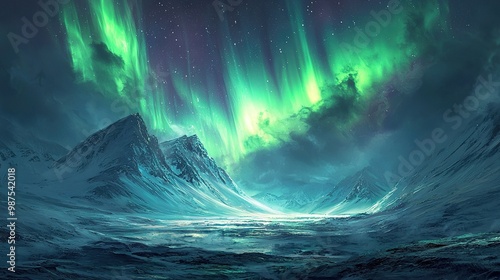   A painting portrays a mountain in the midst of water body, adorned with vibrant green and purple hues of an aurora light photo